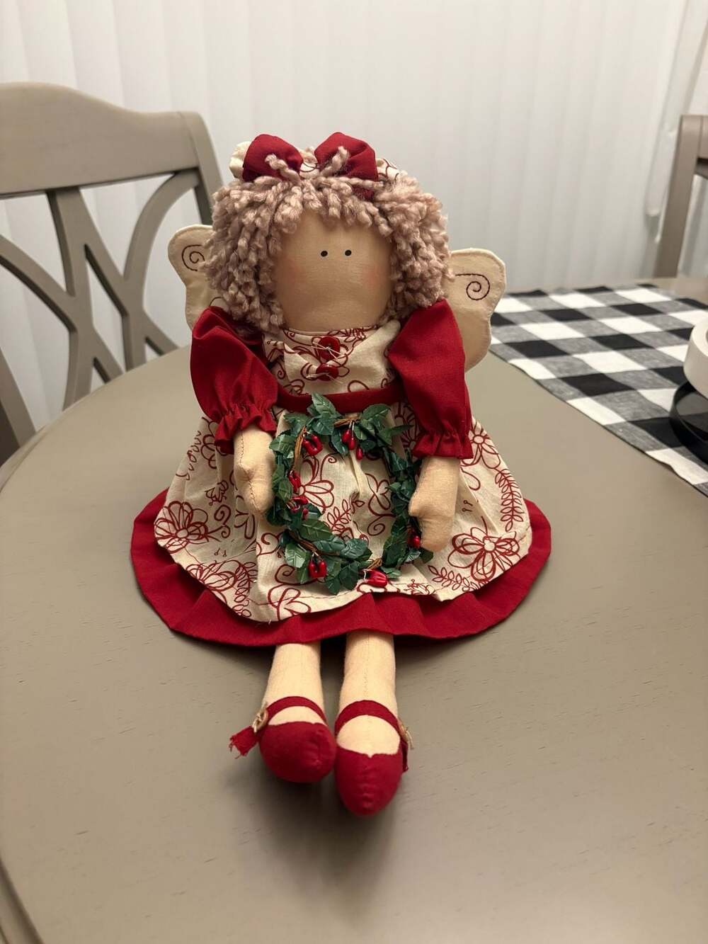 Folk Art Christmas Holiday Stuffed Fabric Angel Doll Red Dress